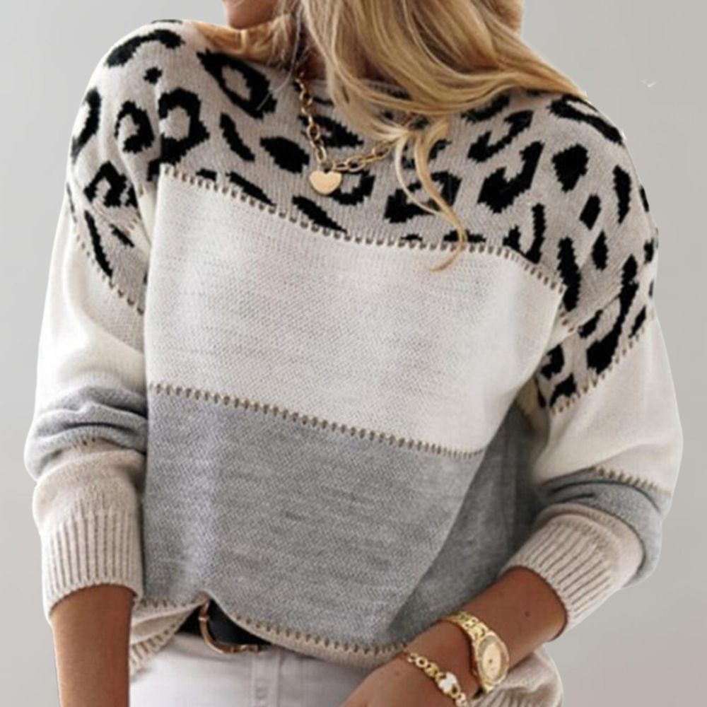 Women's Casual Leopard Print Colorblock Knit Sweater - Trendy Winter Pullover
