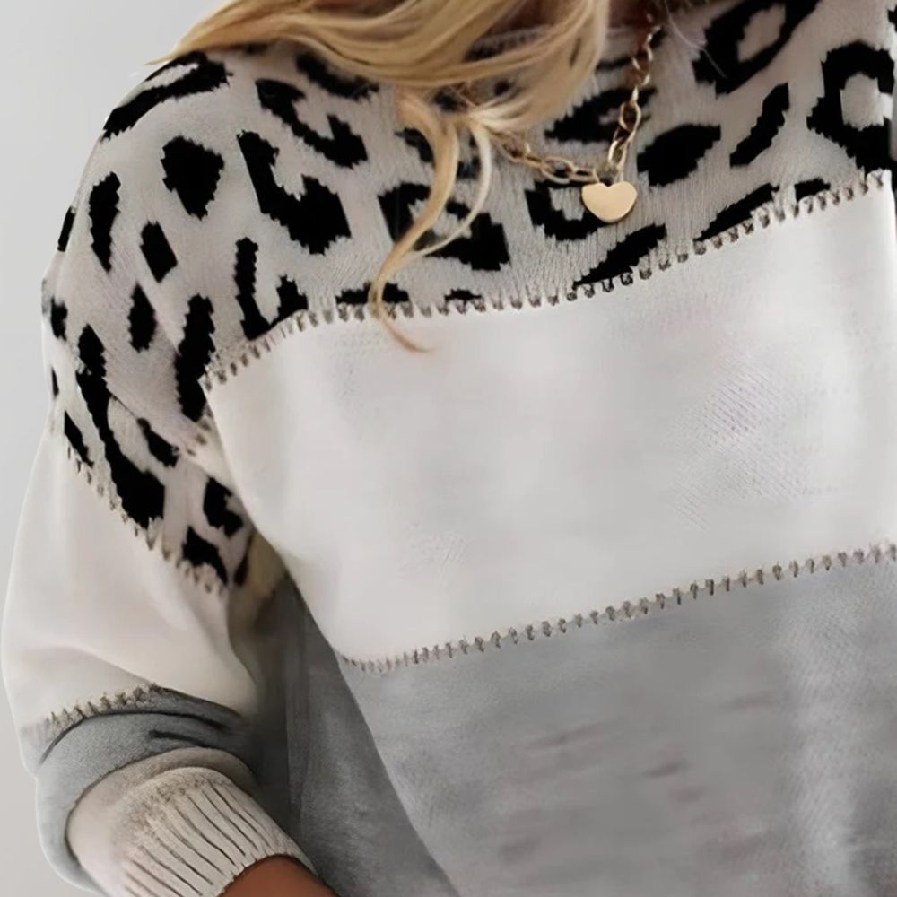Women's Casual Leopard Print Colorblock Knit Sweater - Trendy Winter Pullover