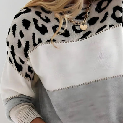 Women's Casual Leopard Print Colorblock Knit Sweater - Trendy Winter Pullover