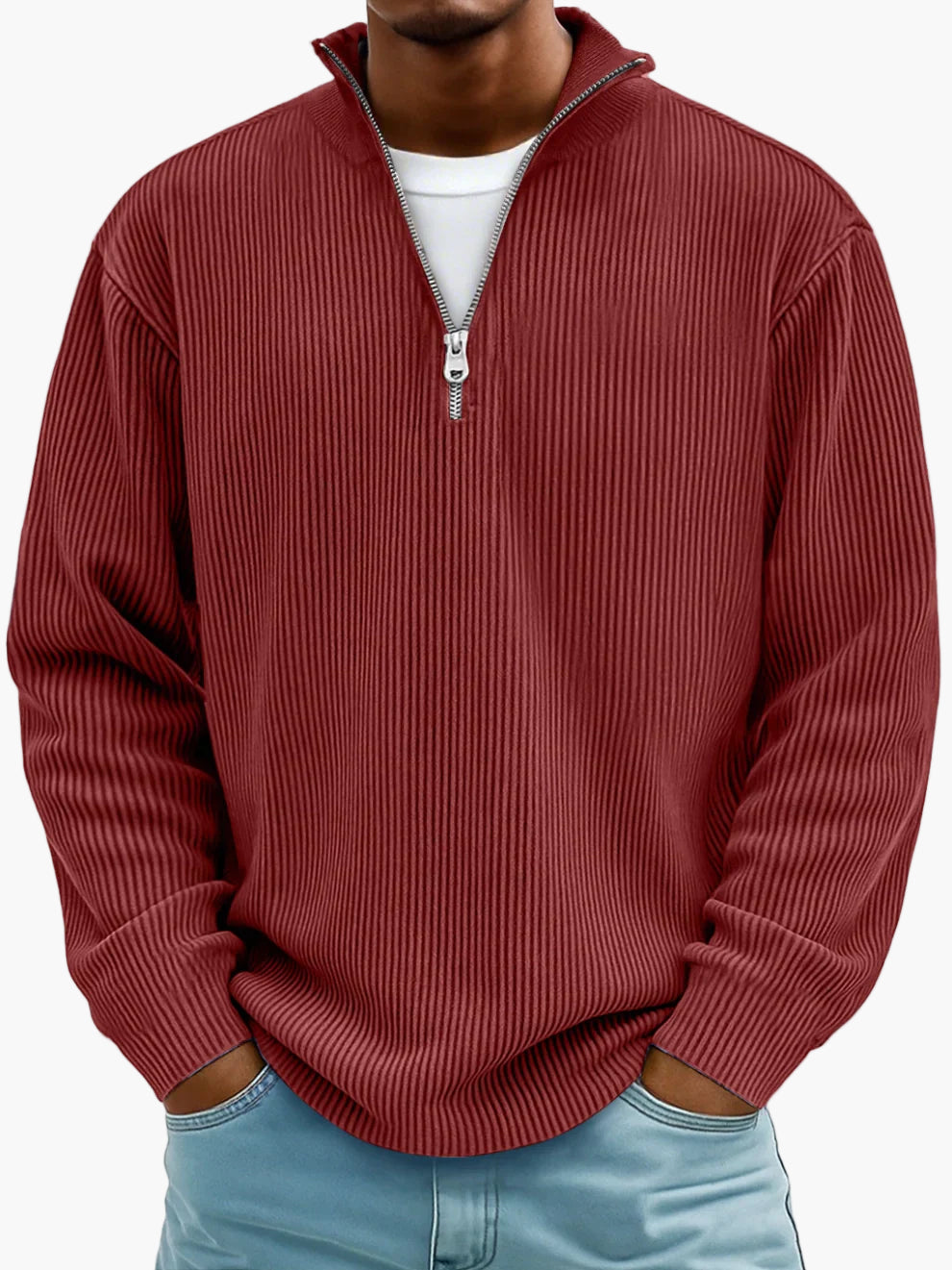 Men's Casual Half-Zip Ribbed Sweater – Modern Relaxed Fit Pullover for Layering