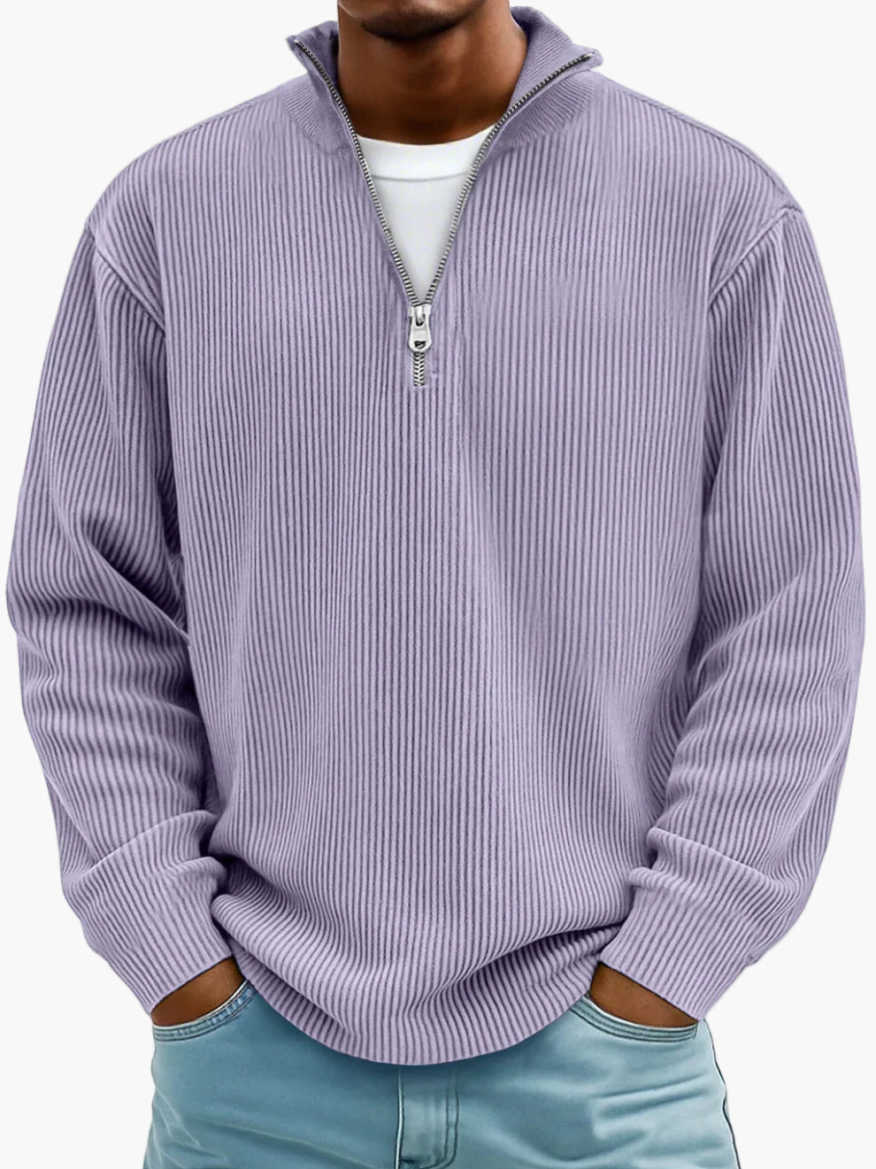 Men's Casual Half-Zip Ribbed Sweater – Modern Relaxed Fit Pullover for Layering