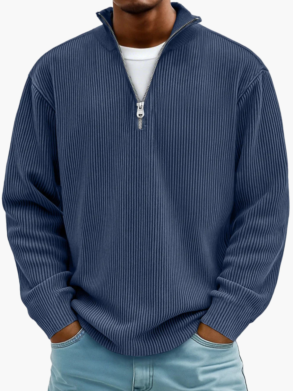 Men's Casual Half-Zip Ribbed Sweater – Modern Relaxed Fit Pullover for Layering
