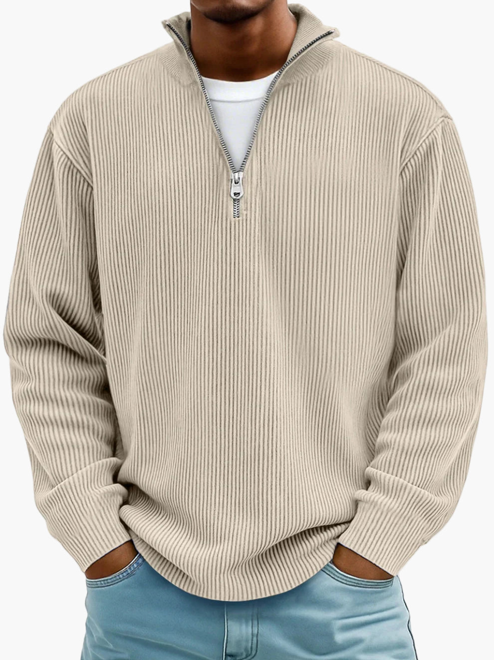 Men's Casual Half-Zip Ribbed Sweater – Modern Relaxed Fit Pullover for Layering