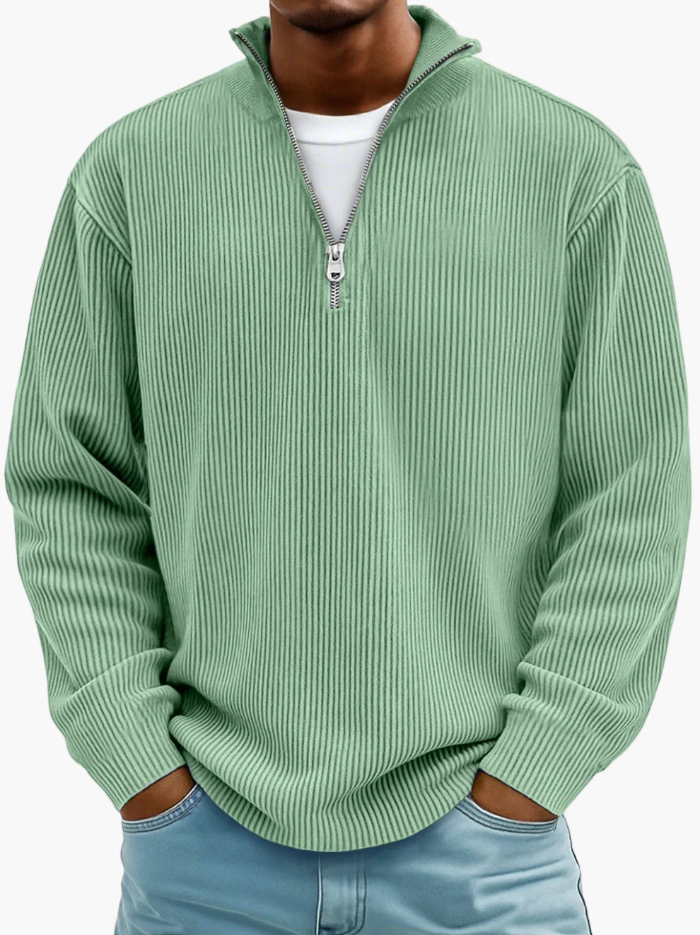 Men's Casual Half-Zip Ribbed Sweater – Modern Relaxed Fit Pullover for Layering