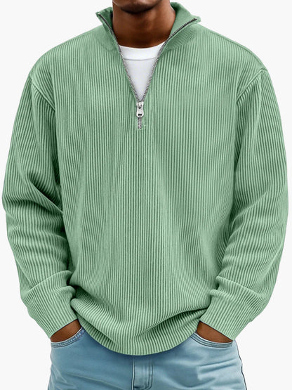 Men's Casual Half-Zip Ribbed Sweater – Modern Relaxed Fit Pullover for Layering
