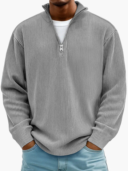 Men's Casual Half-Zip Ribbed Sweater – Modern Relaxed Fit Pullover for Layering