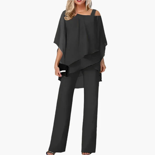 Women's Elegant Off-Shoulder Chiffon Pants Set – Modern Formal Occasion Outfit