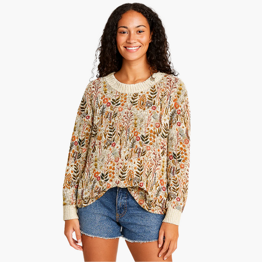 Women's Floral Pattern Relaxed Fit Sweater – Casual Boho Style