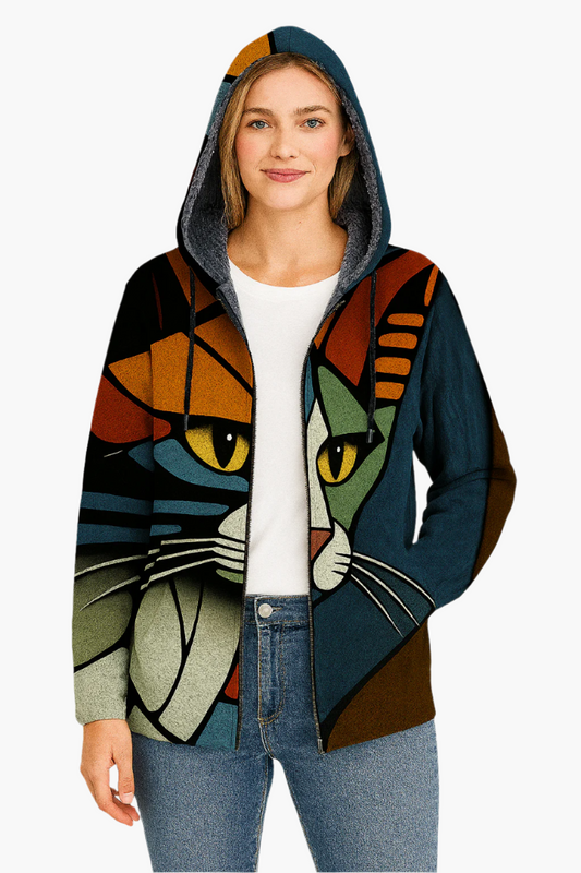 Women's Artistic Cat Print Zip Up Hoodie Jacket - Unique Statement Casual Wear