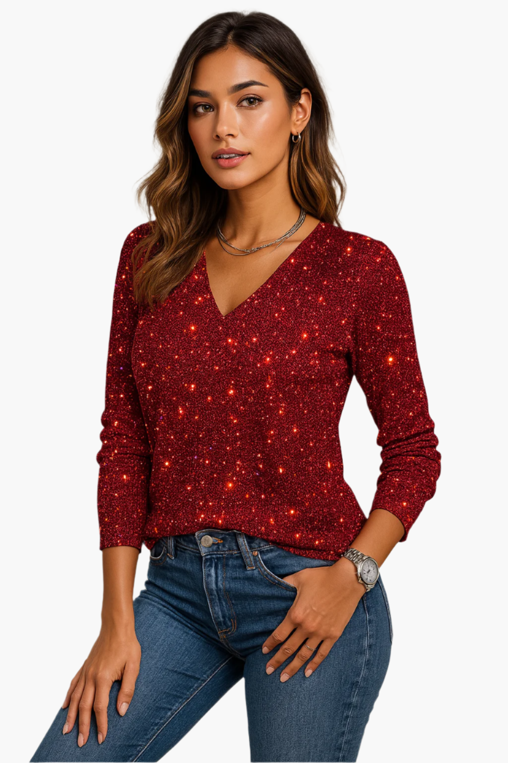 Women's Sparkling V-Neck Sequin Top – Elegant Evening & Special Occasion Blouse