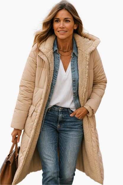 Women's Long Winter Coat with Hood and Teddy Lining – Versatile Stylish Outerwear