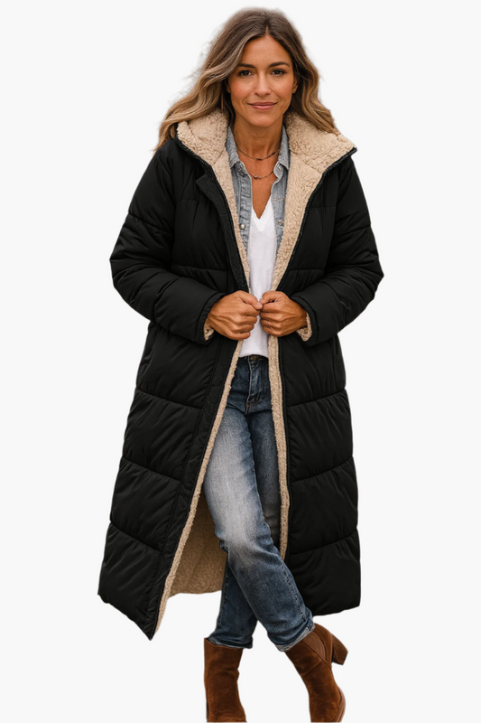 Women's Long Winter Coat with Hood and Teddy Lining – Versatile Stylish Outerwear