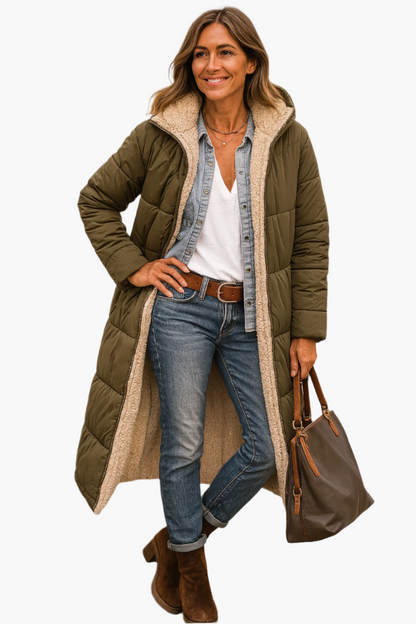 Women's Long Winter Coat with Hood and Teddy Lining – Versatile Stylish Outerwear