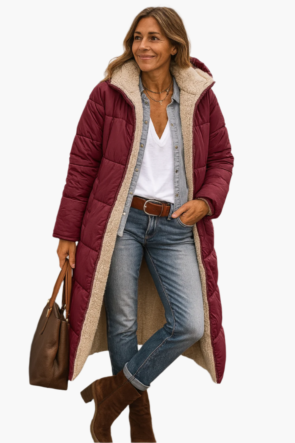 Women's Long Winter Coat with Hood and Teddy Lining – Versatile Stylish Outerwear
