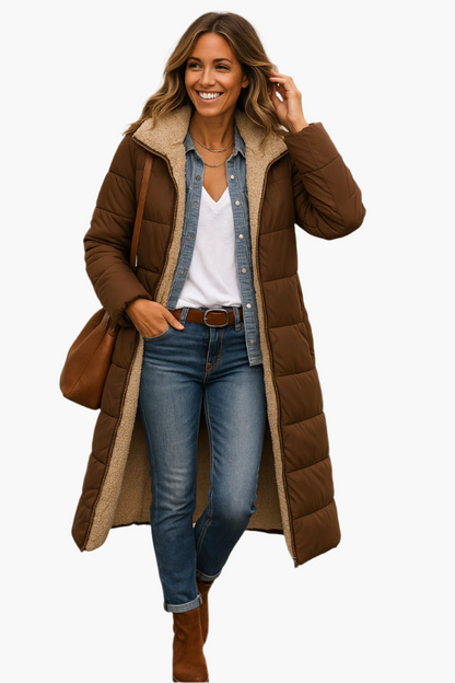 Women's Long Winter Coat with Hood and Teddy Lining – Versatile Stylish Outerwear