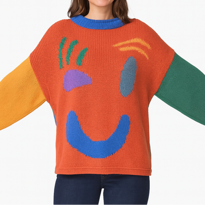 Women's Smiley Face Oversized Knit Jumper – Playful Casual Sweater for Everyday Comfort