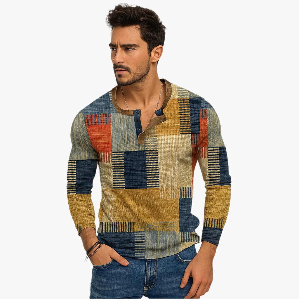 Men's Patchwork Casual Henley Sweater - Stylish Autumn & Winter Knit Pullover