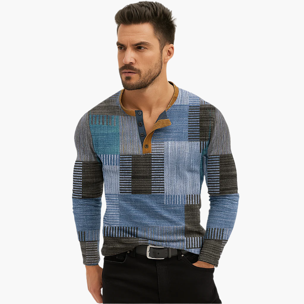 Men's Patchwork Casual Henley Sweater - Stylish Autumn & Winter Knit Pullover