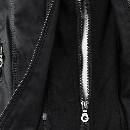 Women's Autumn Vegan Leather Hooded Jacket with Zipper – Stylish and Functional Outerwear