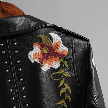 Women's Embroidered Vegan Leather Biker Jacket - Stylish Floral Moto Outerwear