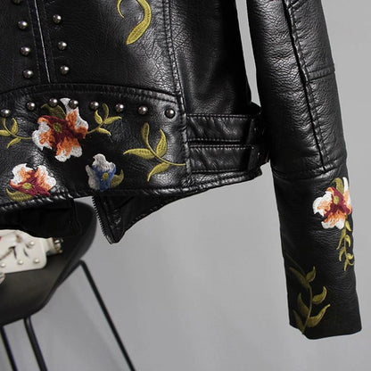 Women's Embroidered Vegan Leather Biker Jacket - Stylish Floral Moto Outerwear