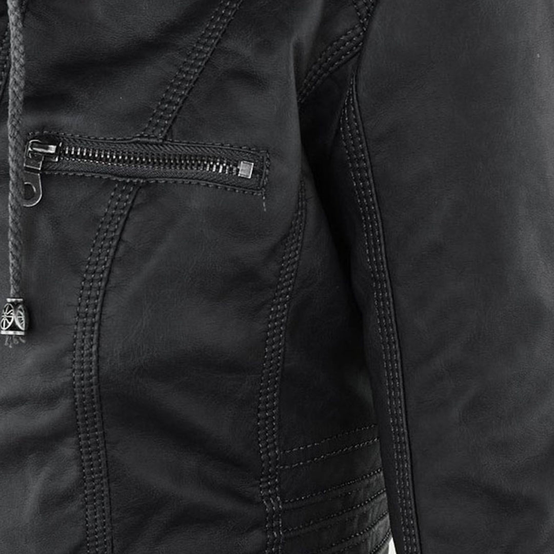 Women's Hooded Vegan Leather Jacket – Stylish Weatherproof Moto Design for Everyday Wear