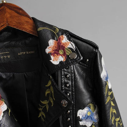 Women's Embroidered Vegan Leather Biker Jacket - Stylish Floral Moto Outerwear