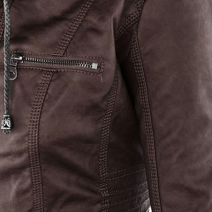 Women's Autumn Vegan Leather Hooded Jacket with Zipper – Stylish and Functional Outerwear