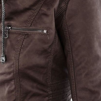 Women's Hooded Vegan Leather Jacket – Stylish Weatherproof Moto Design for Everyday Wear