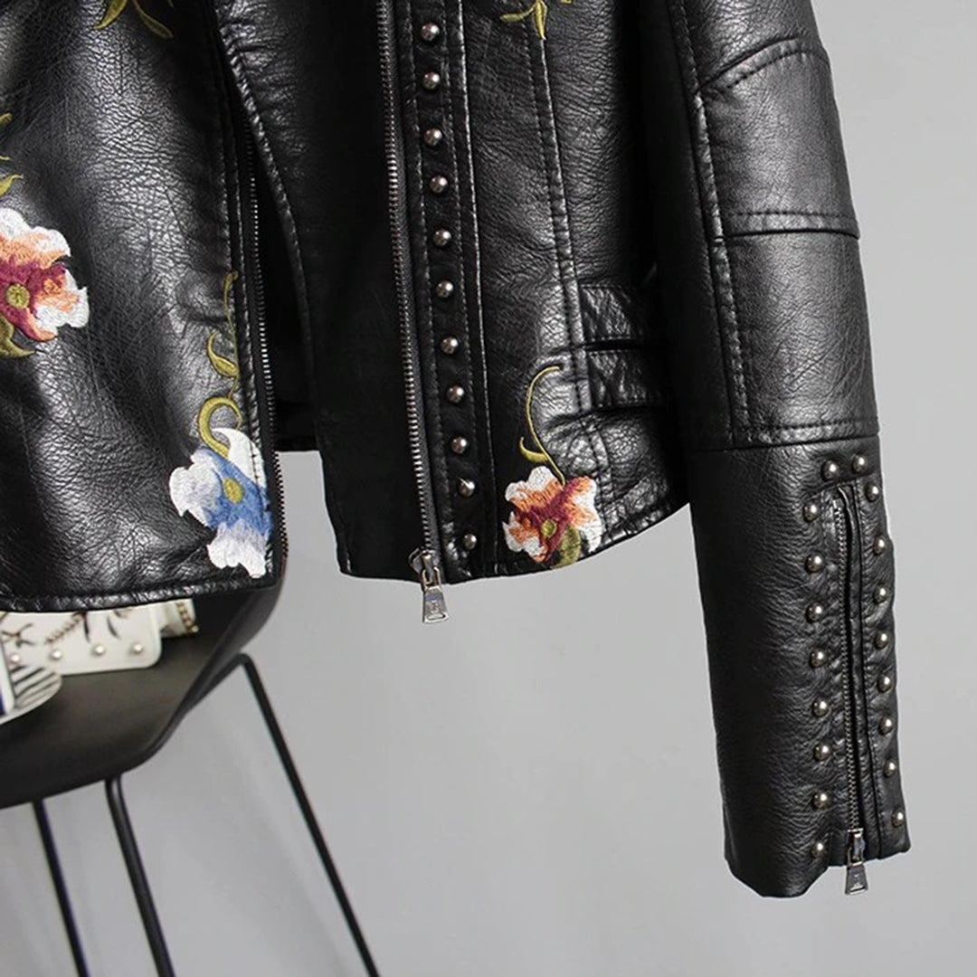 Women's Embroidered Vegan Leather Biker Jacket - Stylish Floral Moto Outerwear
