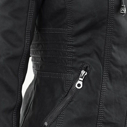 Women's Hooded Vegan Leather Jacket – Stylish Weatherproof Moto Design for Everyday Wear