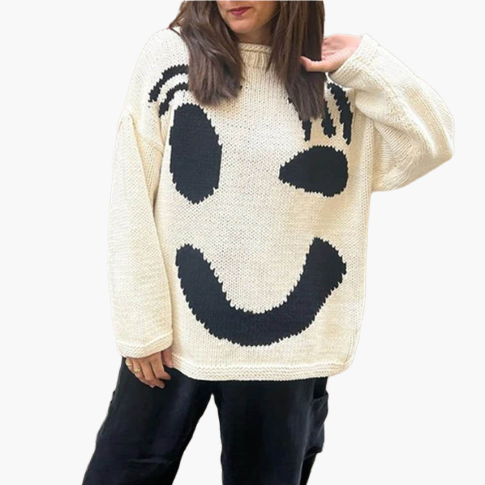 Women's Smiley Face Oversized Knit Jumper – Playful Casual Sweater for Everyday Comfort