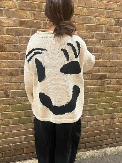 Women's Smiley Face Oversized Knit Jumper – Playful Casual Sweater for Everyday Comfort