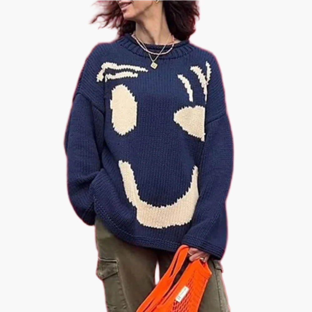 Women's Smiley Face Oversized Knit Jumper – Playful Casual Sweater for Everyday Comfort