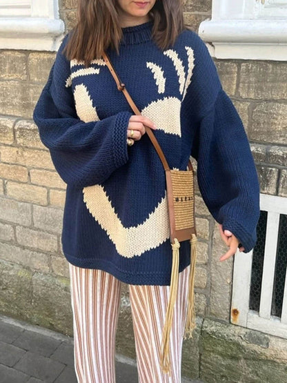 Women's Smiley Face Oversized Knit Jumper – Playful Casual Sweater for Everyday Comfort