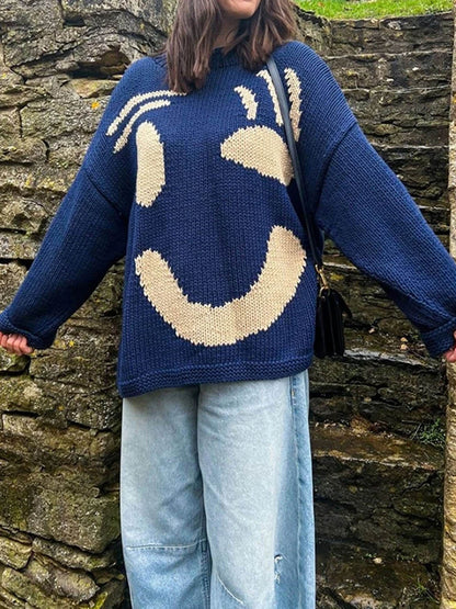 Women's Smiley Face Oversized Knit Jumper – Playful Casual Sweater for Everyday Comfort