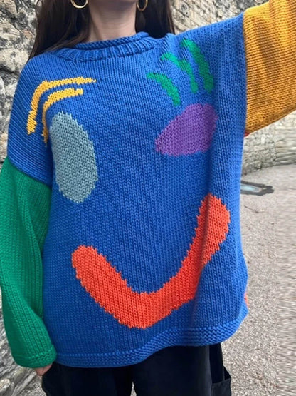 Women's Smiley Face Oversized Knit Jumper – Playful Casual Sweater for Everyday Comfort