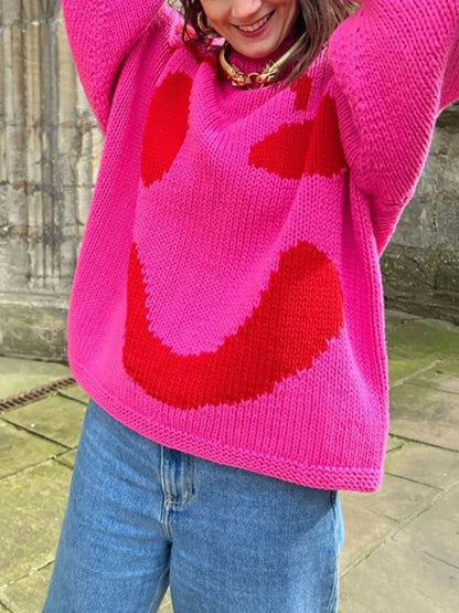 Women's Smiley Face Oversized Knit Jumper – Playful Casual Sweater for Everyday Comfort