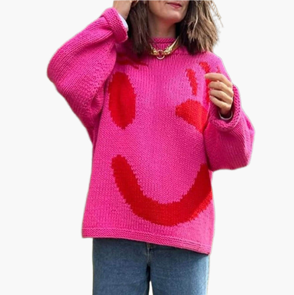 Women's Smiley Face Oversized Knit Jumper – Playful Casual Sweater for Everyday Comfort