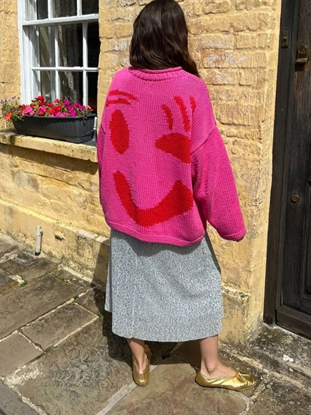 Women's Smiley Face Oversized Knit Jumper – Playful Casual Sweater for Everyday Comfort