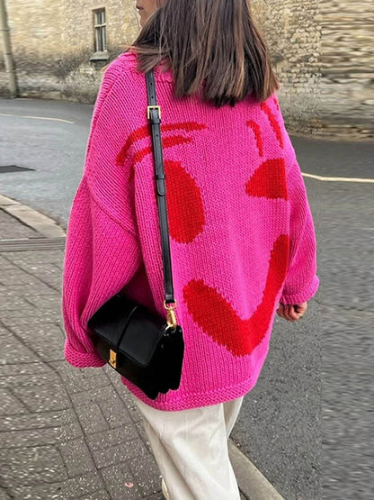 Women's Smiley Face Oversized Knit Jumper – Playful Casual Sweater for Everyday Comfort