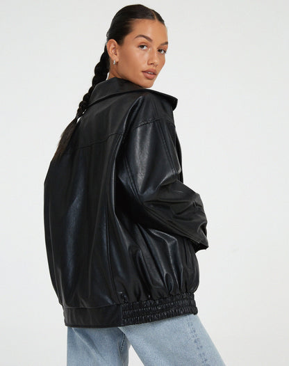 Women's Oversized Faux Vegan Leather Bomber Jacket – Trendy Relaxed Fit for Casual or Night Out