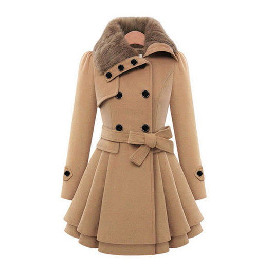 Women's Elegant Winter Coat with Faux Fur Collar – Double-Breasted Flared Long Overcoat