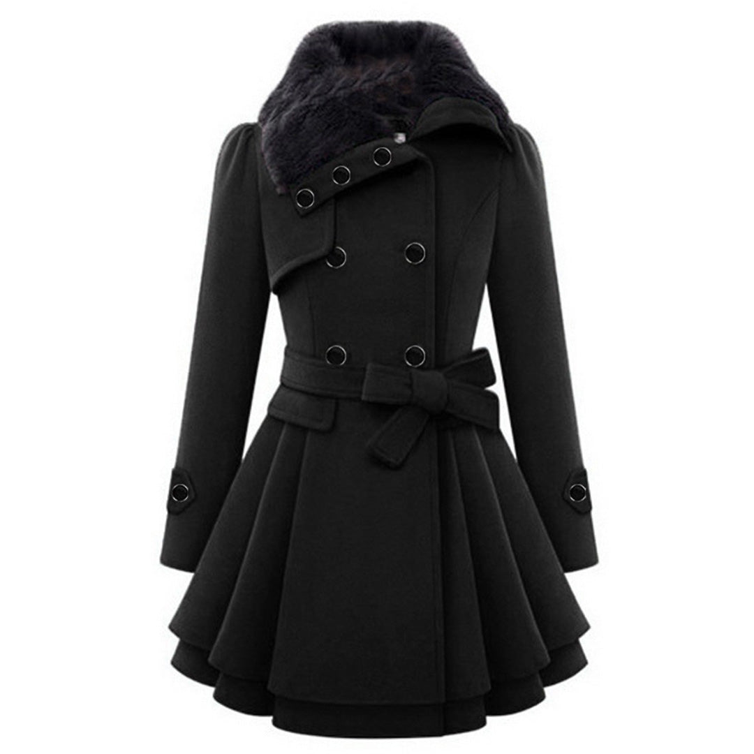 Women's Elegant Winter Coat with Faux Fur Collar – Double-Breasted Flared Long Overcoat