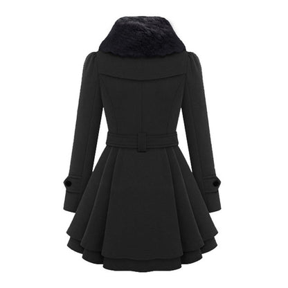 Women's Elegant Winter Coat with Faux Fur Collar – Double-Breasted Flared Long Overcoat