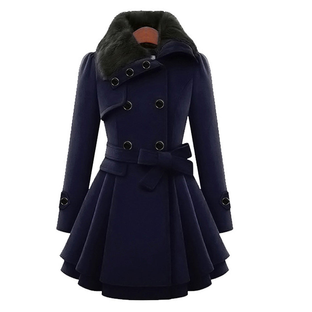 Women's Elegant Winter Coat with Faux Fur Collar – Double-Breasted Flared Long Overcoat