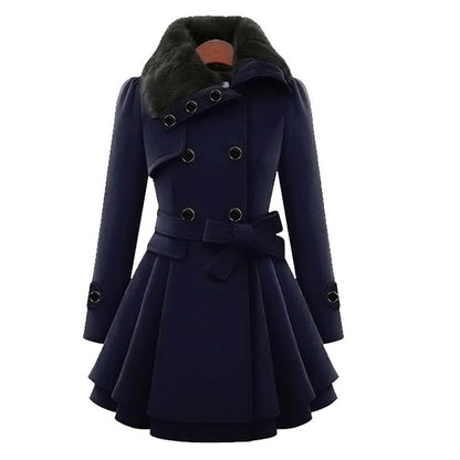 Women's Elegant Winter Coat with Faux Fur Collar – Double-Breasted Flared Long Overcoat