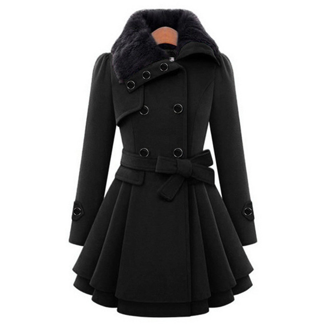 Women's Elegant Winter Coat with Faux Fur Collar – Double-Breasted Flared Long Overcoat