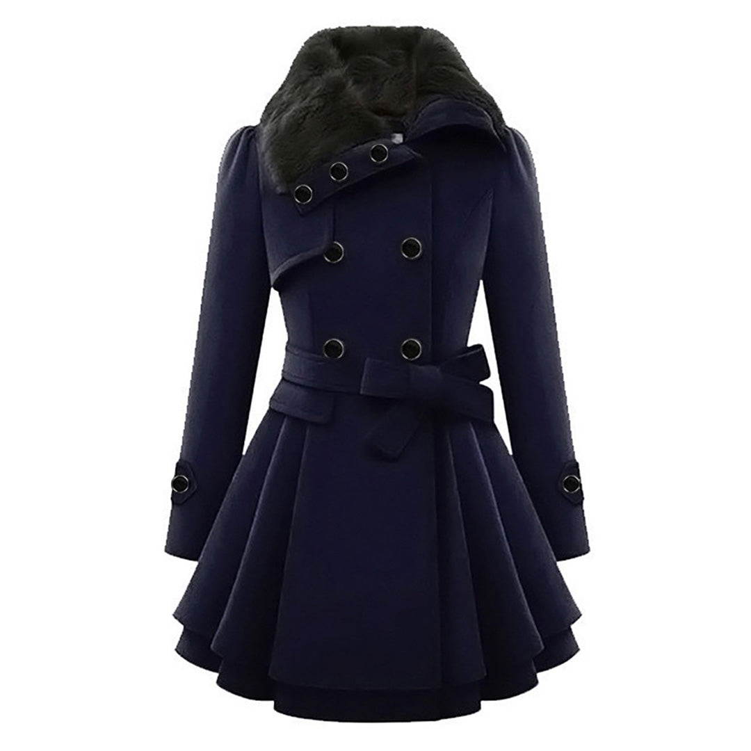 Women's Elegant Winter Coat with Faux Fur Collar – Double-Breasted Flared Long Overcoat