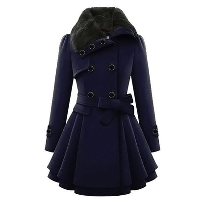 Women's Elegant Winter Coat with Faux Fur Collar – Double-Breasted Flared Long Overcoat